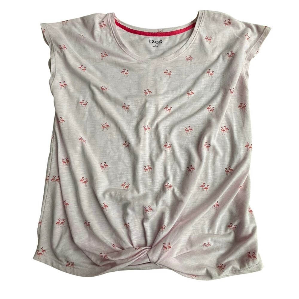 Ladies IZOD size L PINK flamingos short sleeve casual tee shirt top knot front